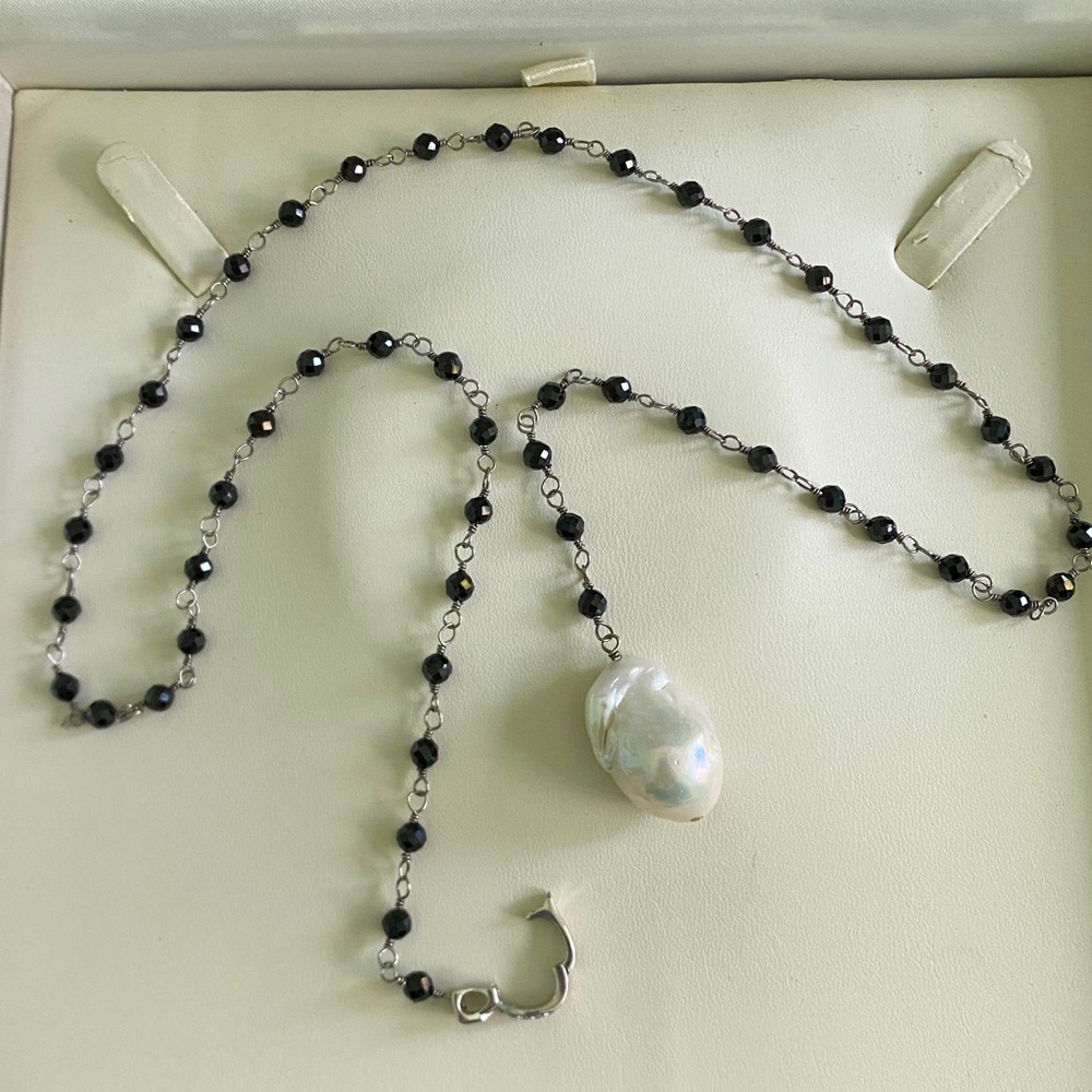 Large Baroque Pearl and Sterling Silver Lariat Pendant Necklace